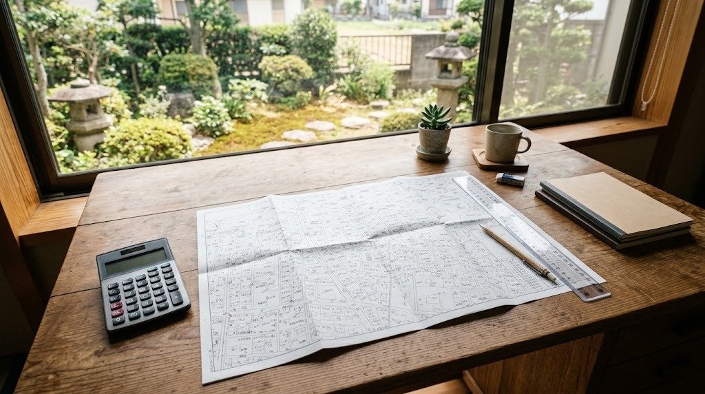 地図と資料を広げて確認する様子